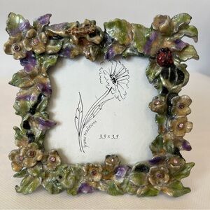 Beautiful Green Enamel Picture Frame 3.5 x 3.5 Floral Ladybug Frog Vintage